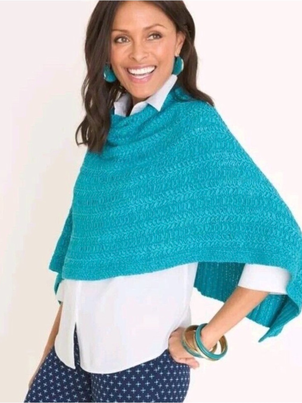 Chico’s Turquoise Blue Open Knit Convertible Poncho Wrap L/XL